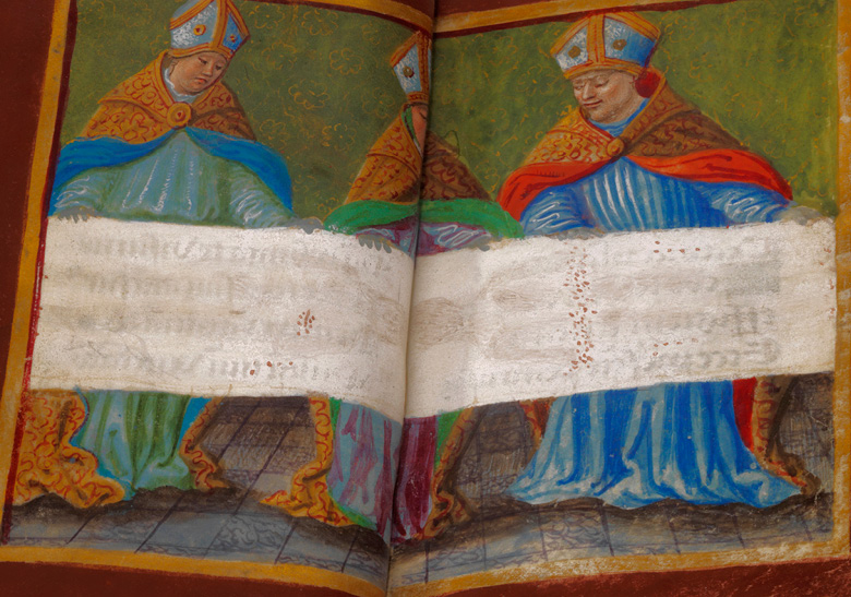 Double-page depiction of the Shroud of Turin in 16th century prayer book.